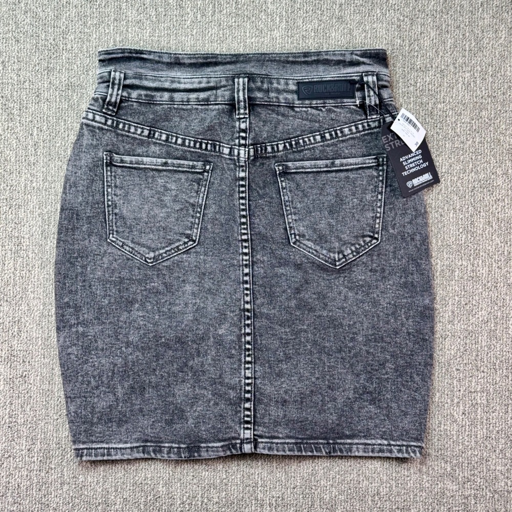 Rock & Roll Denim High Rise Button Front Stretch Skirt Size 30 Black‎ Wash - Picture 2 of 10